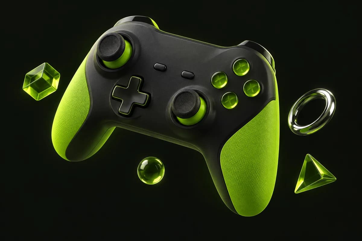 Lime green game controller, VibeAny Games brand illustration